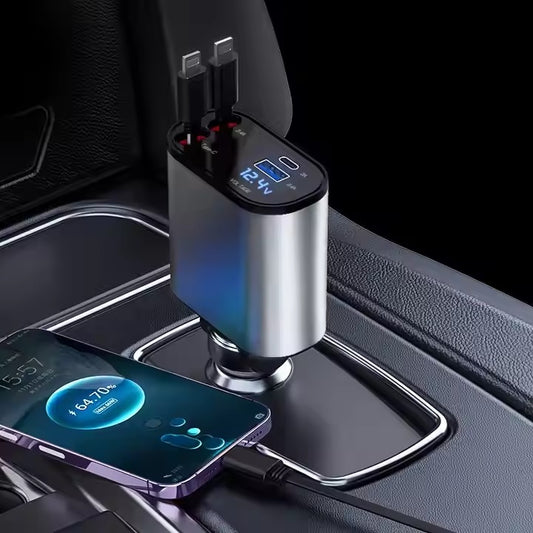 Chargeur de Voiture Rétractable 4 en 1, 120W, Charge Rapide USB-C & USB-A, avec 2 Câbles Rétractables – Compatible iPhone, Samsung, Google et autres