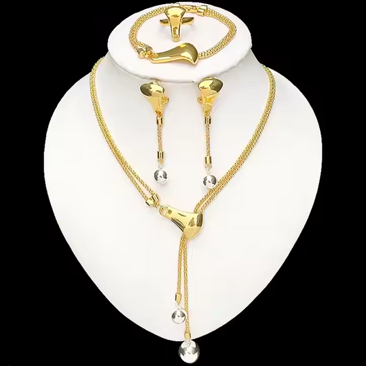 Ensemble de Bijoux 4 Pièces Plaqué Or 24K – Collier, Bracelet, Bague et Boucles d’Oreilles